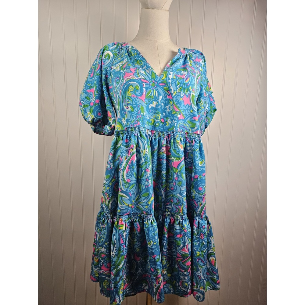 Lilly Pulitzer Shannon Floral Swing Dress Tiered Seabreeze Blue Women's XS